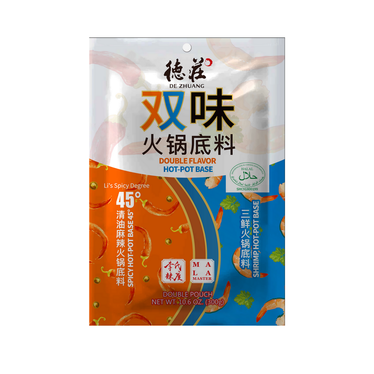 De Zhuang DOUBLE FLAVOUR SHRIMP SPICY45°德荘双味火锅底料(清油45°/三鲜)